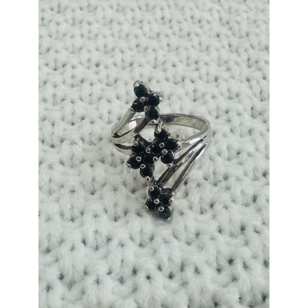 925 Sterling Silver Black Gemstone Cluster Bypass Statement Ring Size 6